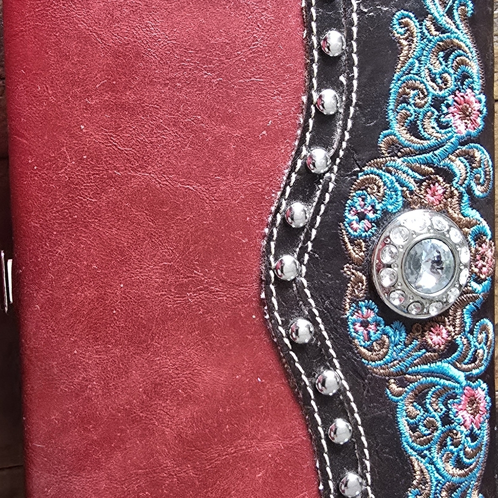 Country Road Maroon/Brown Clutch Wallet Faux Leather Rhinestone Embellishment